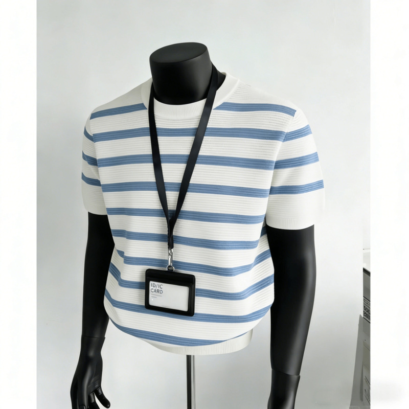 Blue and White Striped Knit Short-Sleeve Men's Summer Slim-Fit Cool Breathable Small Neckline T-Shirt Cleanfit Regular Shoulder Half-Sleeve Blue and White Striped Knit Short-Sleeve Men's Summer Slim-Fit Cool Breathable Small Neckline T-Shirt Cleanfit Regular Shoulder Half-Sleeve