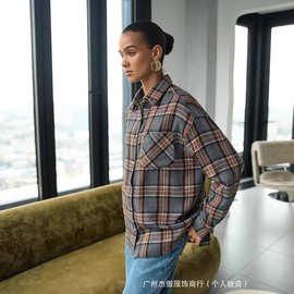 2026独立站亚马逊爆款女士春季衬衫女新款欧美潮流格子条纹衬衫女