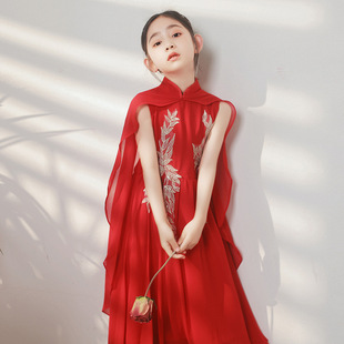 Red Girls' Guzheng Performance Costume, Red Song Chinese Style Children's Poetry Recital Competition Choir Performance Outfit for Autumn