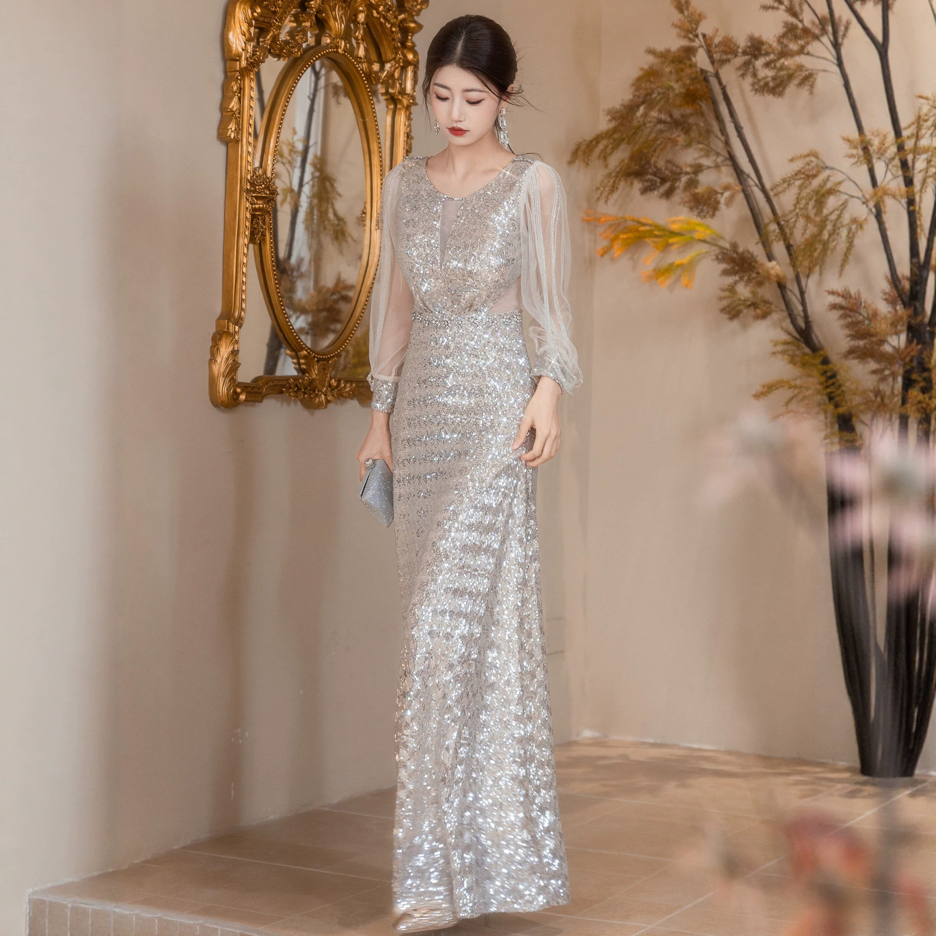 Elegant Sequined Fishtail Evening Dress For Women Slim Fit Wedding Party Wear_ecoleips.com