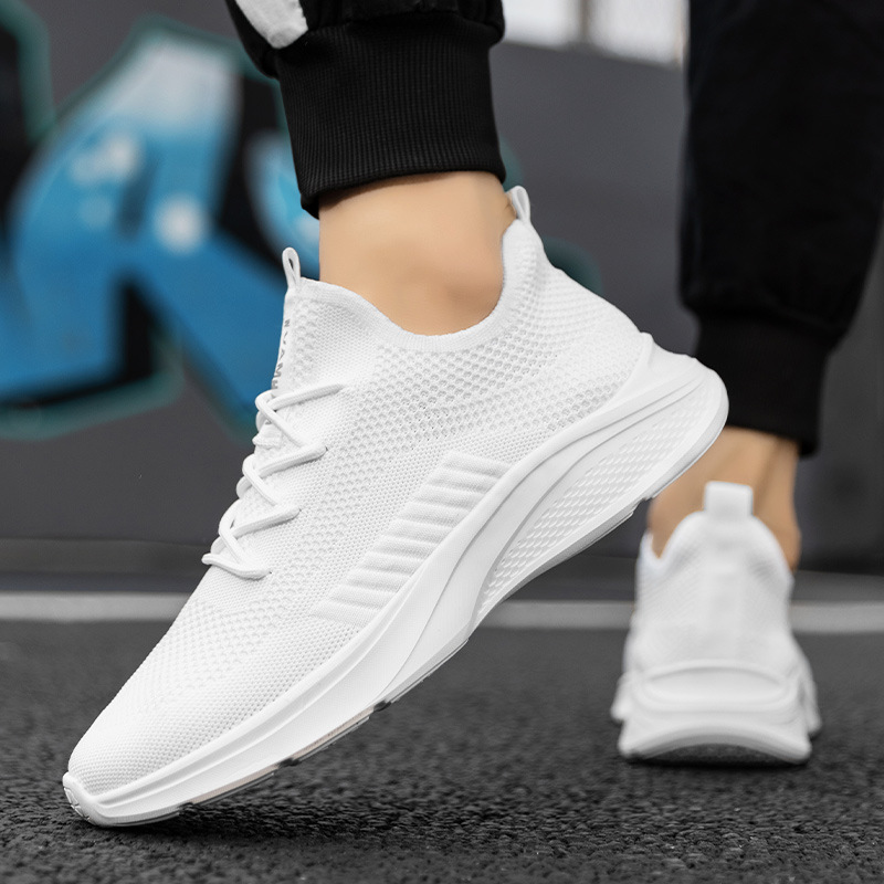 Summer New Breathable Fly-Knit Running Shoes Cross-Border Large Size Lightweight Couple Sports Shoes Casual White Shoes Men's Shoes