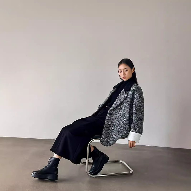 Dry Crane Style Autumn and Winter Vintage Fashionable Stitching Coarse Flower BF Style Jacket Loose Fashionable Casual Suit Women