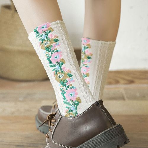 复古袜子女中筒袜秋冬日系民族风文森系提花堆堆袜碎花长筒袜