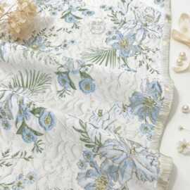 浮雕金线提花面料 浅蓝花卉立体 凹凸提花 连衣裙汉服桌布DIY布料