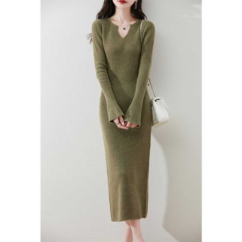 Autumn and Winter Long Half Open Collar 100% Pure Wool dress Women's Horn Sleeve Knitted Skirt Inner Waisted Slimming Skirt