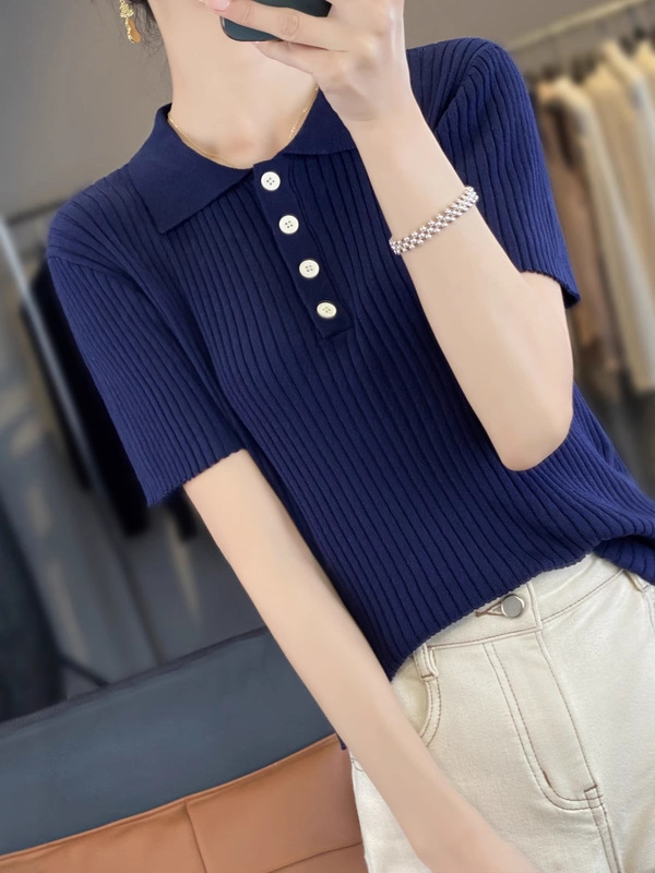批发夏季上衣女服装t恤polo翻领天丝针织衫薄款显瘦气质百搭短袖|undefined