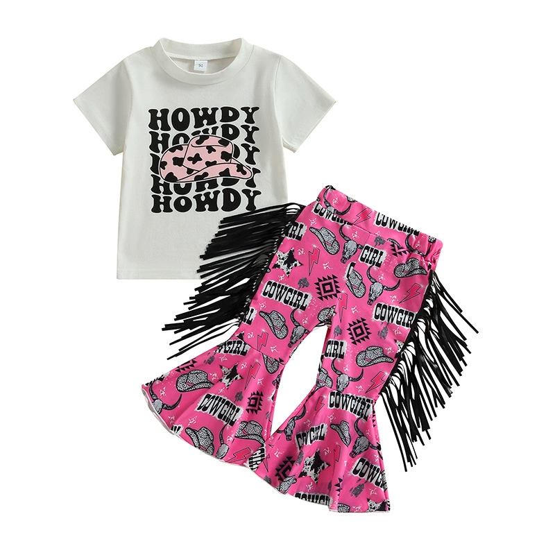 (Cross-border trading), summer T-shirt with letters with tassels, flared trousers, children's clothing