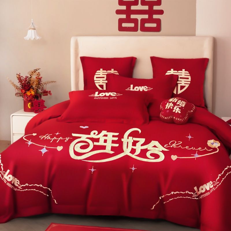Cuatro piezas de boda china dragón-fénix bordado sábanas de boda rojas casa de boda colcha de cama image 7