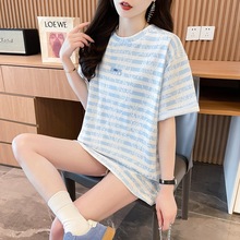 蕾丝复合印花短袖t恤女韩国时尚新款ins撞色条纹休闲打底短袖上衣