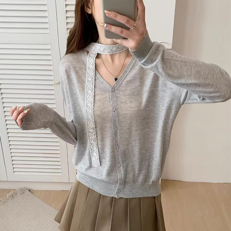Design Sense Lace Strap V-neck Knitted Cardigan Women's Long Sleeve Western Style Thin Slim Jacket Spring New Top