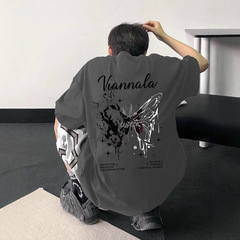 蝶プリント純綿tシャツ男子高級感重ポンドootd半袖アメリカ高街小衆夏五分袖