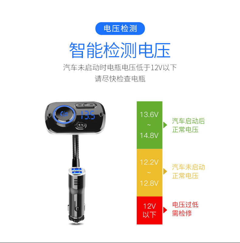 New car-mounted Bluetooth MP3 FM transmitter with QC3.0, colorful ambient lighting, and voice assistant