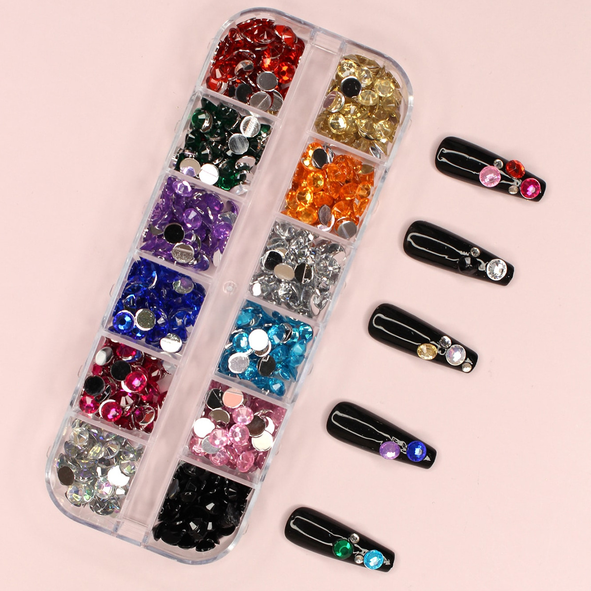 Set de joyas de uñas 12 barras de joyas taladro de uñas largo taladro de fondo plano mezclado taladro de forma especial superbrillante accesorios de uñas