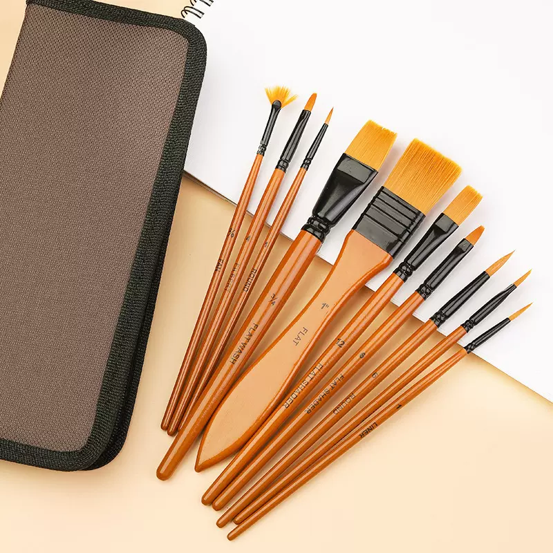 10支木杆油画笔帆布袋装面部彩绘画笔尼龙毛木杆画笔脸彩颜料笔刷