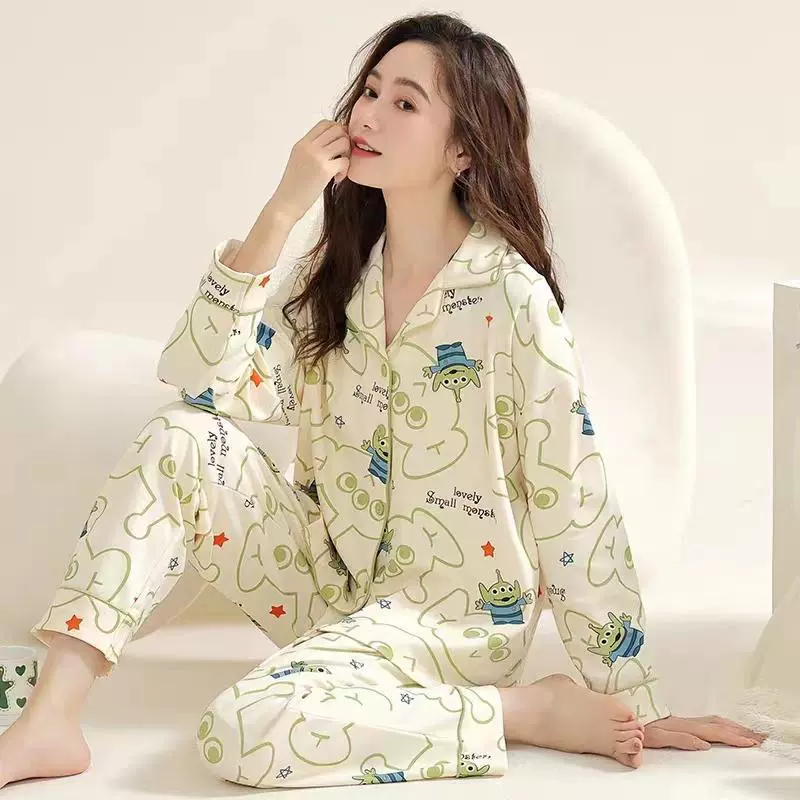 Новая пижама женская весенняя и осенняя тонкая модель с длинными рукавами плюс размер корейский мультяшный принт девушка студентка свободная домашняя одежда
