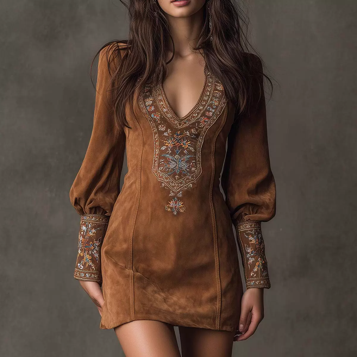 2025欧美女装跨境独立站V领绣花连衣裙迷你包臀裙