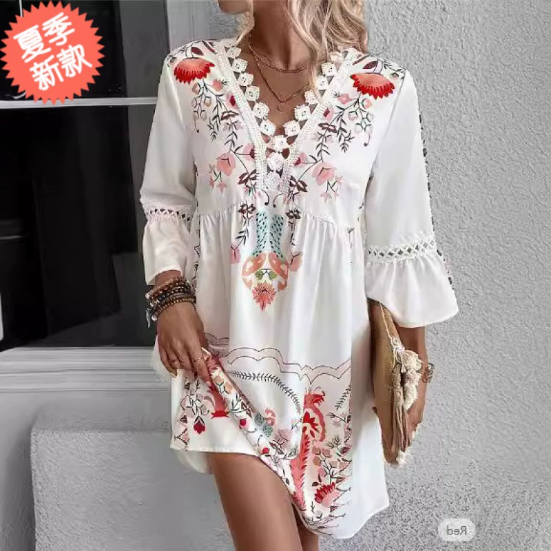 2024 Европа и США трансграничный весенний воротник с принтом кружевной сшитой богемный отдых стиль платье