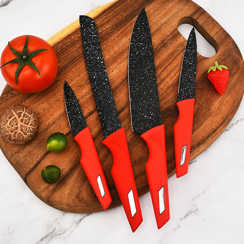 Suministro directo de fábrica de tinta de piedra hoja de acero mango rojo cuchillo de seis piezas traje de cuchillo de cocina de acero inoxidable traje de pintura en aerosol cuchillo