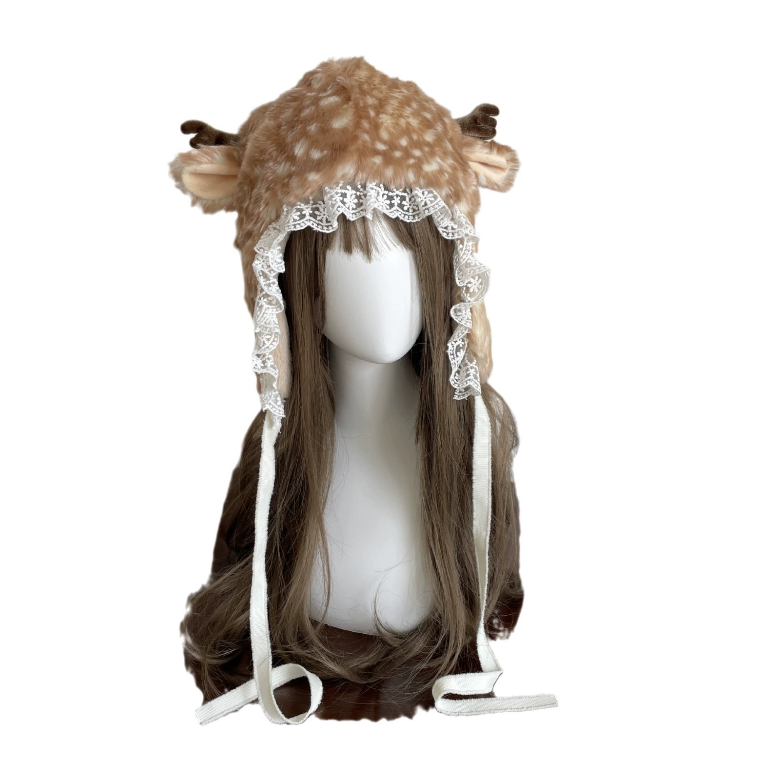 Plush Mori Hat (Mori) Deer Lace Bonnet, Thick Warm Faux-Fur, Cute Japanese Lolita Style