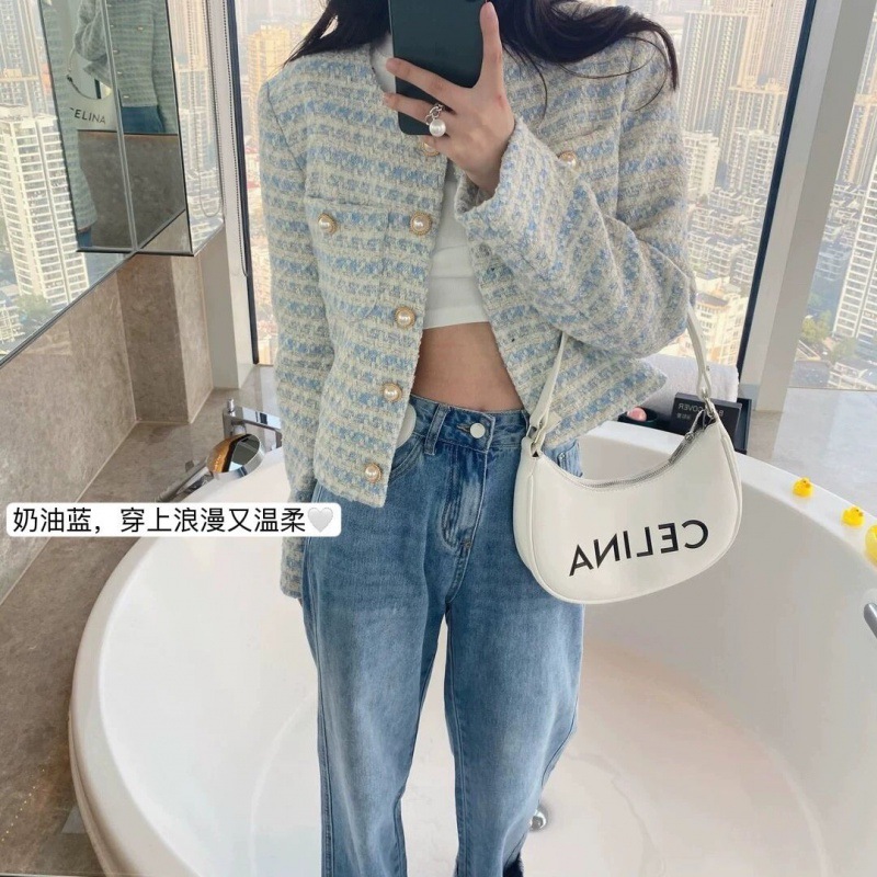 부드러운 로맨틱 스타일 밀크 블루 펄 버튼 샤넬 스타일 코트 여성의 봄과 가을 새로운 라운드 넥 긴 소매 짠 세트