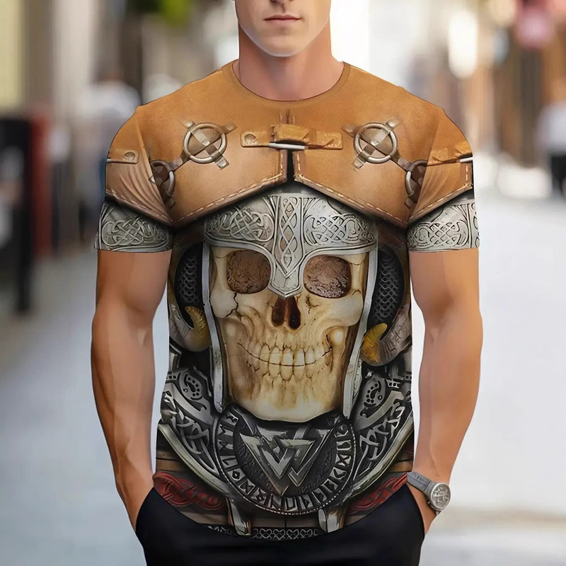 Cross-border Hot Selling Trendy Creative Fashion Skull Armor Series 3D Printed Short-sleeved Men's Casual Round Neck T-shirt