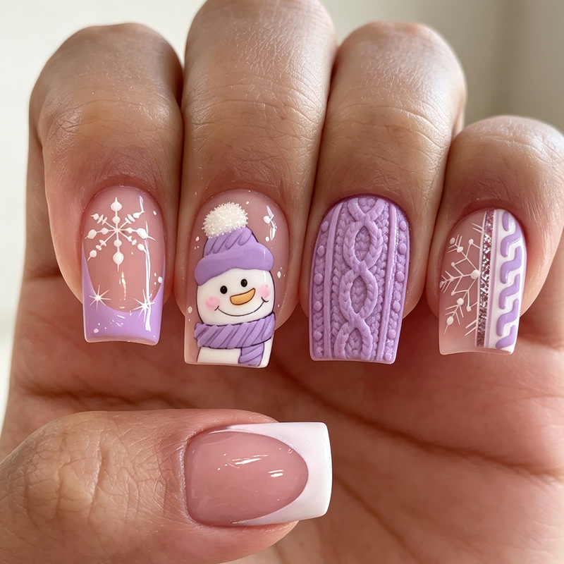 Christmas-themed wearable nail art: cute snowman and snowflake designs in purple, detachable, for export, 24 pieces of artificial nails for manicures Christmas-themed wearable nail art: cute snowman and snowflake designs in purple, detachable, for export, 24 pieces of artificial nails for manicures