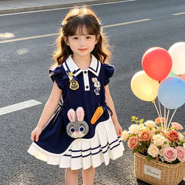 女童学院风连衣裙2026新款儿童卡通洋气兔子警官百褶公主裙女孩潮