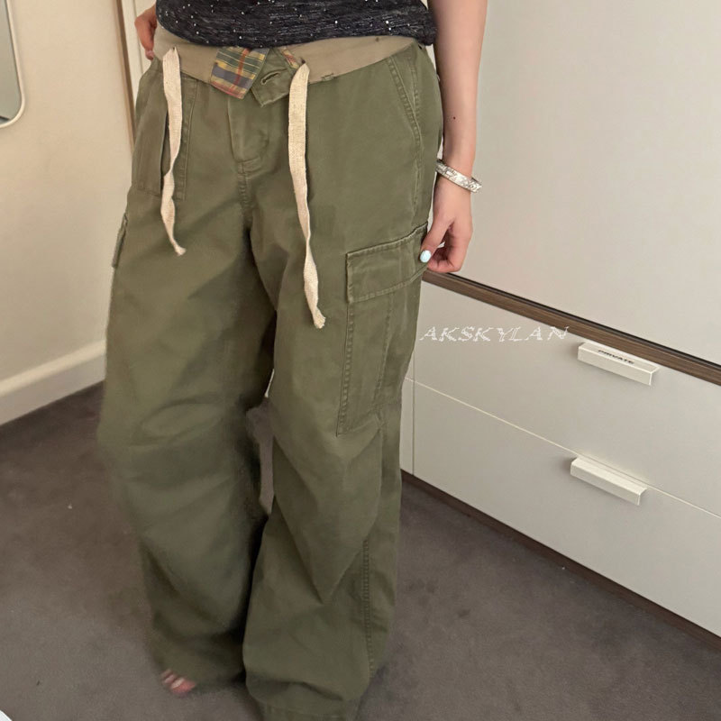 Akskylan American Retro Low-Waist Drawstring Cargo Pants for Women, Loose Wide-Leg Slimming Street Style Long Pants for Women 85697 Akskylan American Retro Low-Waist Drawstring Cargo Pants for Women, Loose Wide-Leg Slimming Street Style Long Pants for Women 85697