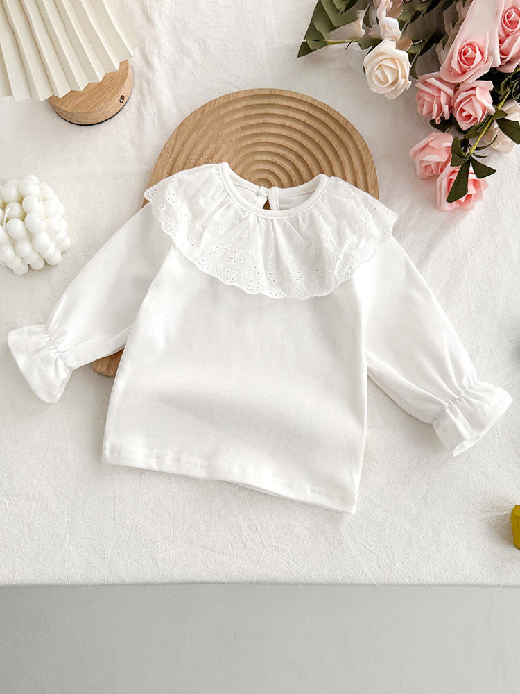 Ins bebé camisa de fondo princesa primavera y otoño top mujer bebé primavera blanco todo fósforo cuello de hoja de loto camiseta de manga larga para niña