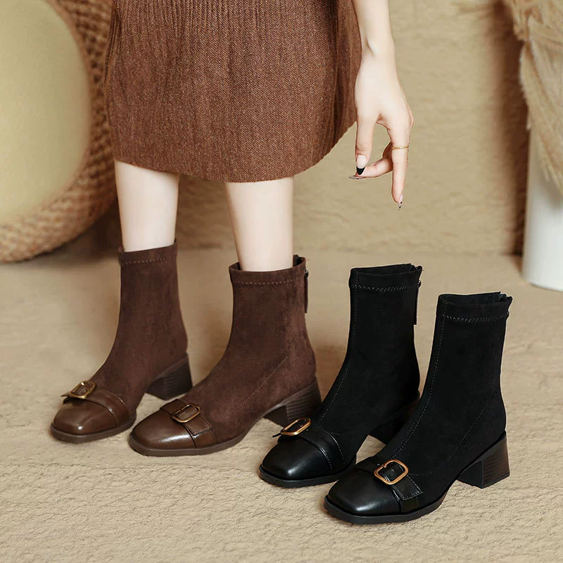 Женские ботинки с квадратным носком, новинка 2025 года, на массивном каблуке, средней длины, в британском стиле, ретро, черные замшевые, короткие ботинки во французском стиле