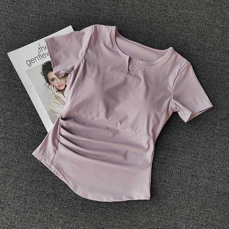 Design short sleeve with chest pad European and American sports T-shirt women's running fitness stretch outer wear slimming top yoga clothes