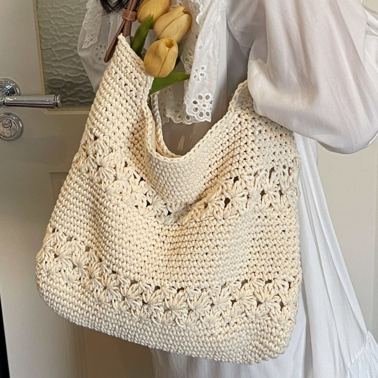 Vacation Style Woven Large Bag For Women 2026 New Korean Knit Simple Shoulder Bag High Capacity Casual Beach Bag - Thumbnail 2