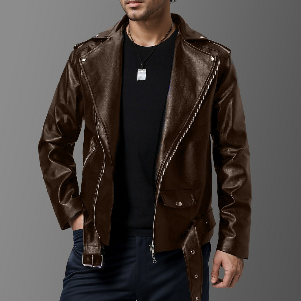 Men's Slim Fit Leather Jacket Lapel Biker Style For Autumn Winter_voghion.com