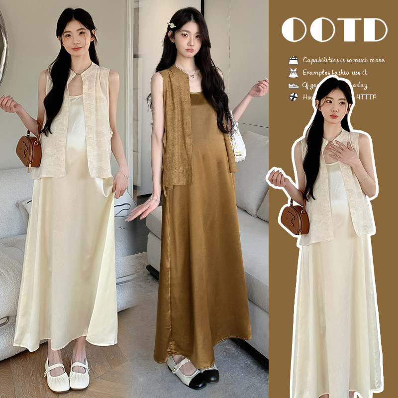Pregnant Women dress Summer Pregnancy Wear New Chinese Style Acetic Acid Satin Sling Skirt Long Summer suit
