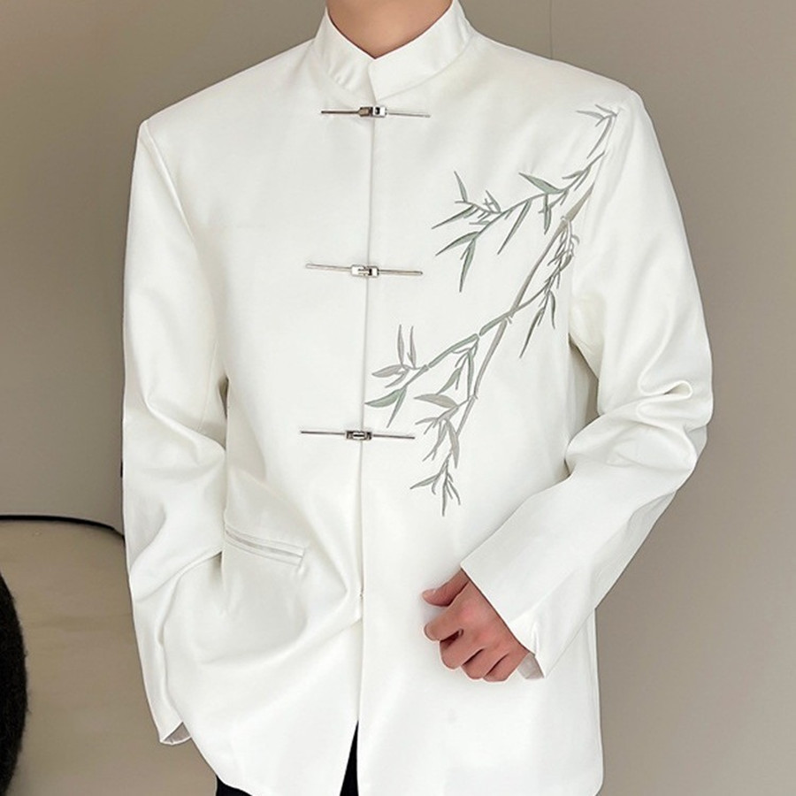 New Chinese Men's Chinese Style White Suit with Vertical Collar Shoulder Pad Jacket Men's Zhongshan Suit Bamboo Leaf Embroidered Tang Suit 5XL