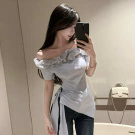 18YX6622欧美2026跨境外贸纯欲风荷叶边收腰不规则短袖t恤上衣女