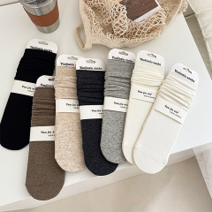 堆堆襪女日系簡約純色百搭中筒襪ins春秋外穿網紅款奶白色長筒襪