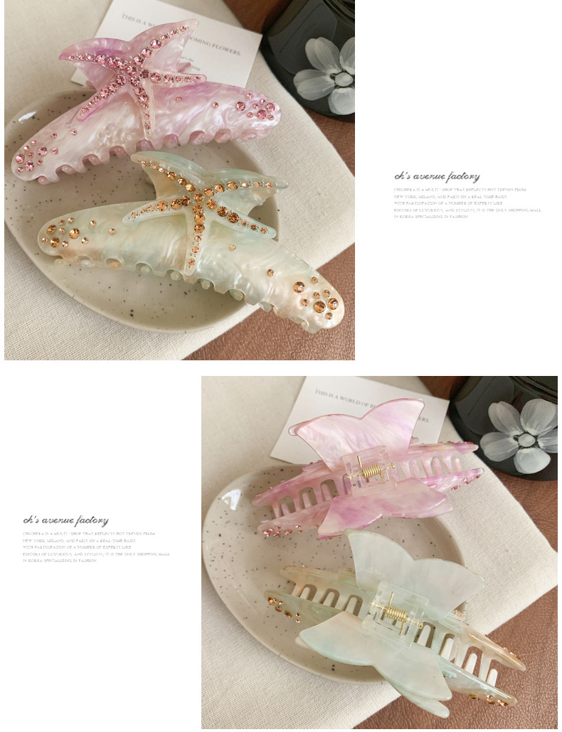 Haarnadel mit originellem Design, mit Diamanten besetzte Seestern-Haarspange, übergroße Haifisch-Haarspange, dreidimensionale Haarspange in Acetat-Temperamentfarbe_voghion.com