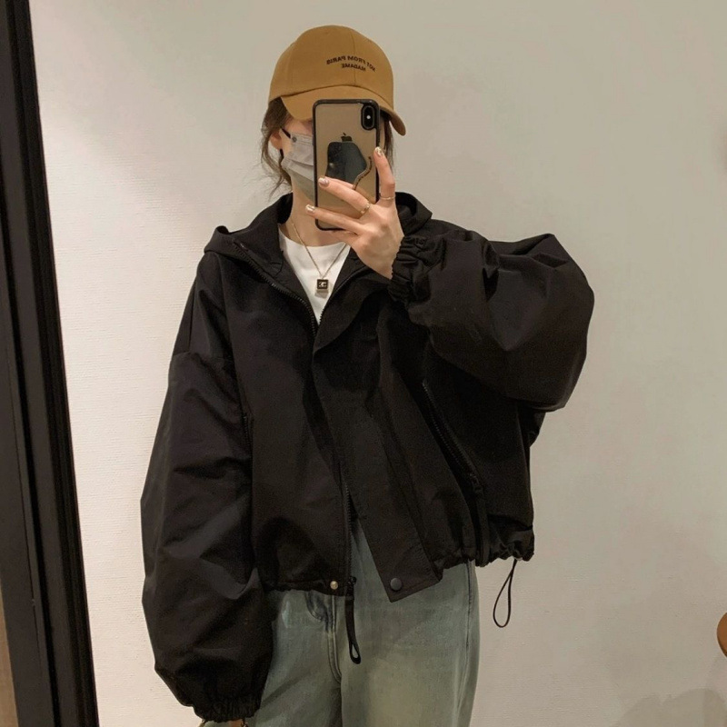 连帽外套女春秋季新款韩系短款冲锋衣时尚百搭休闲宽松短款夹克潮|undefined