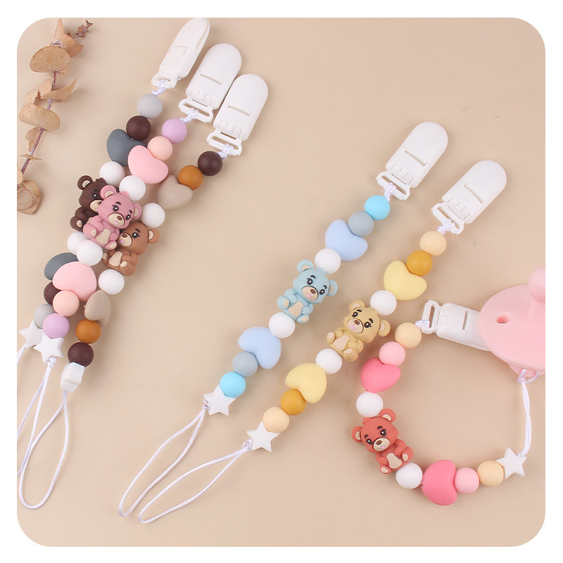 Nuevo oso de dibujos animados amor cadena de tetas de silicona bebé mordida cadena de dientes molares cadena de dientes anti-caída cadena pacificadora tetas de goma de diente