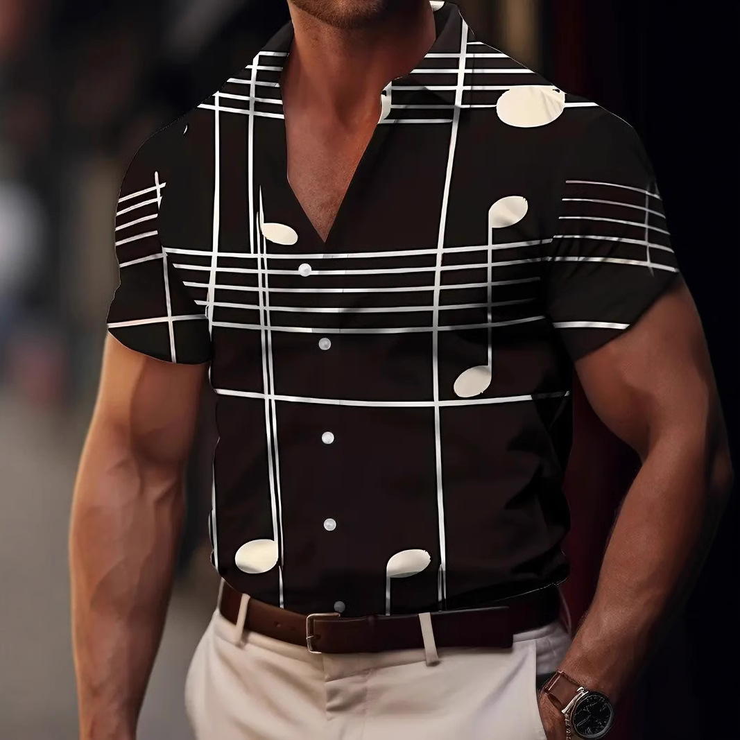 Camisa de manga corta con estampado de nota ancha popular retro de marca de moda europea y americana de verano 2024 para hombres MB1