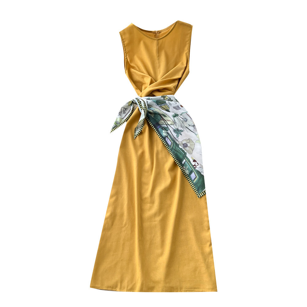 Elegant Sleeveless Round Neck Dress Style Summer Asymmetrical Long Dress With Scarf And Slit Sophisticated Tie Waist For Commuting_ecoleips.com