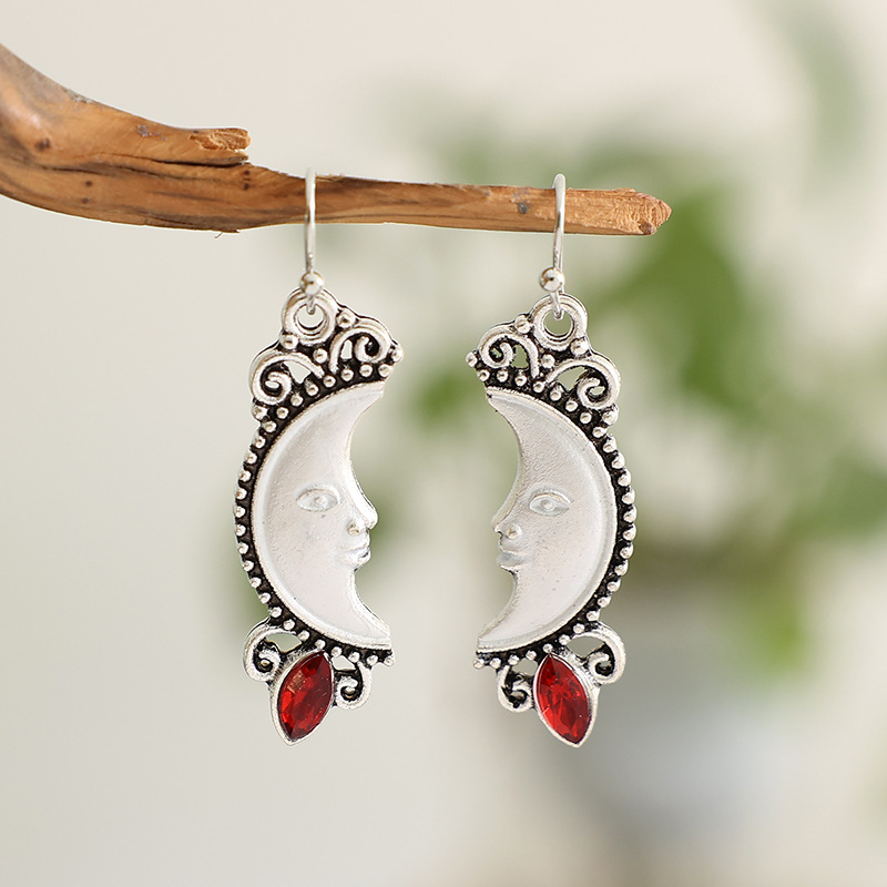 Retro Human Face Moon Alloy Inlay Obsidian Women's Drop Earrings display picture 4