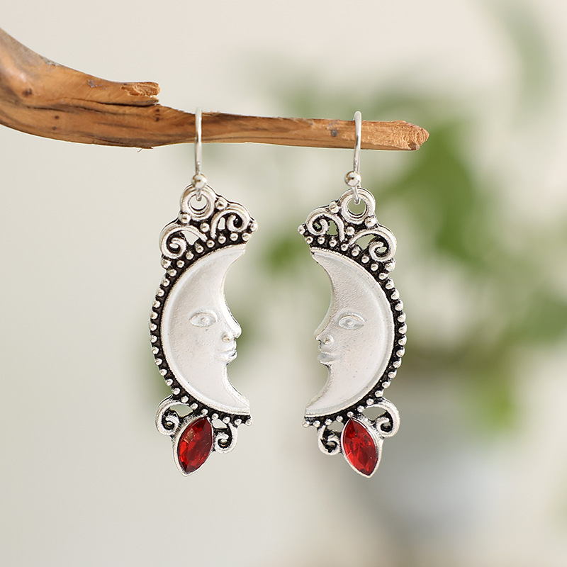 Alloy Material Retro Human Face Moon Alloy Inlay Obsidian Women's Drop Earrings