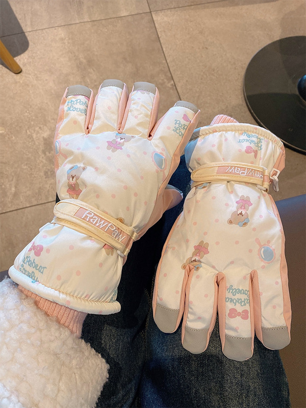 米色可爱小熊滑雪手套女冬季韩系保暖加绒加厚户外防风防寒骑车潮|undefined