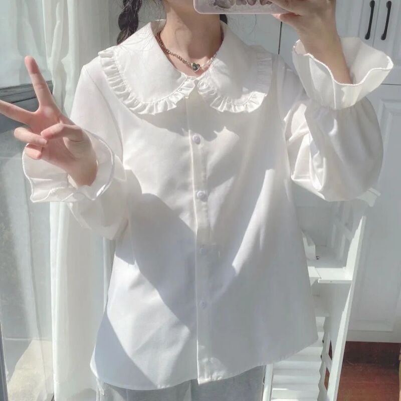Versatile Long-Sleeve Japanese-Style Shirt, Soft and Cute for Girls, Student Korean-Style Loose Doll Collar Lolita Inner Top