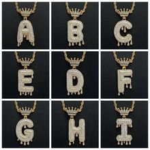 歐美跨境新款26個英文字母鋯石皇冠吊墜項鏈嘻哈個性首飾飾品批發