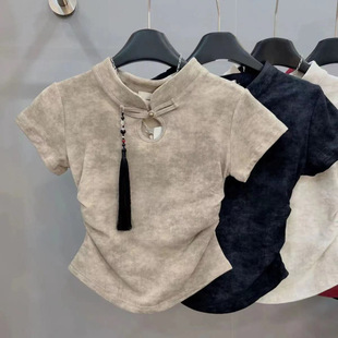 New Chinese-Style Button-Up Top with a National Style, 2025 Summer New Design, Retro Straight-Shoulder, Elegant Short-Sleeve Shirt with Gradient Dyeing