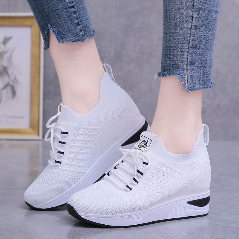 Women's Height-Increasing Shoes, Spring and Autumn New Korean Style Breathable Fly-Knit Mesh Shoes, Summer Versatile Non-Slip Thick-Soled Casual Sports Shoes