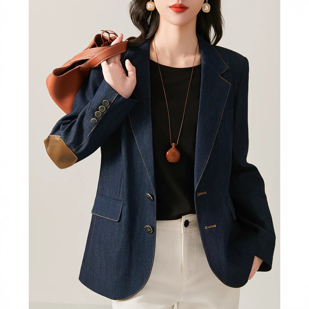 预售时尚复古明线撞色 麂皮拼接款 牛仔蓝韩版休闲西装外套女